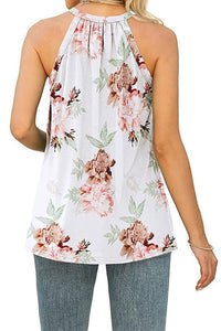 Halter Lace Pleated Floral Print Tank Tops